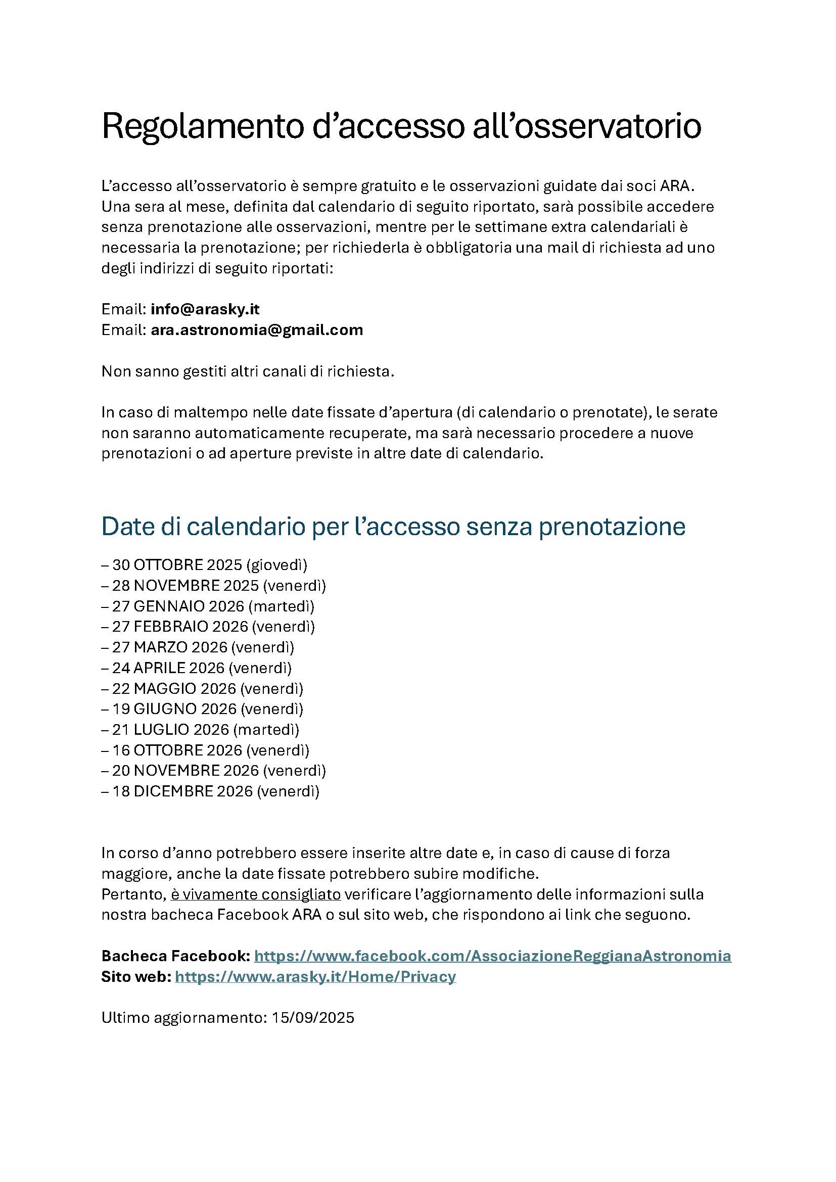 Regolamento Osservatorio